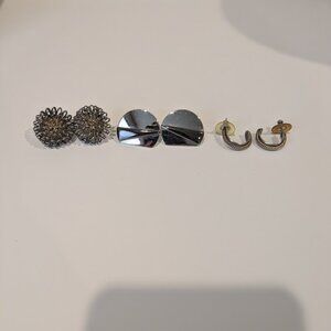 3 pairs of unique gold and silver statement earrings, quirky vintage earrings